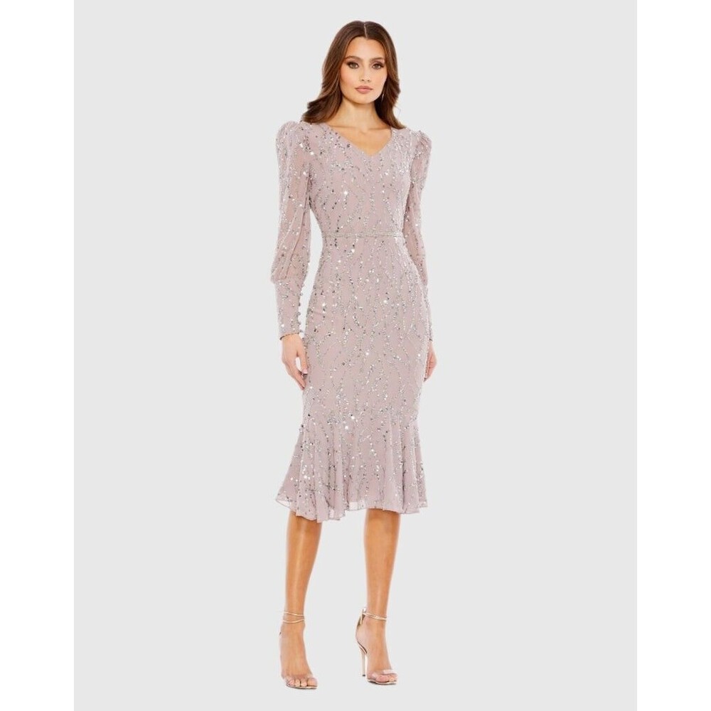 Mac Duggal 10767 Sequined V Neck Illusion Long Sleeve Trumpet Dress Size 8